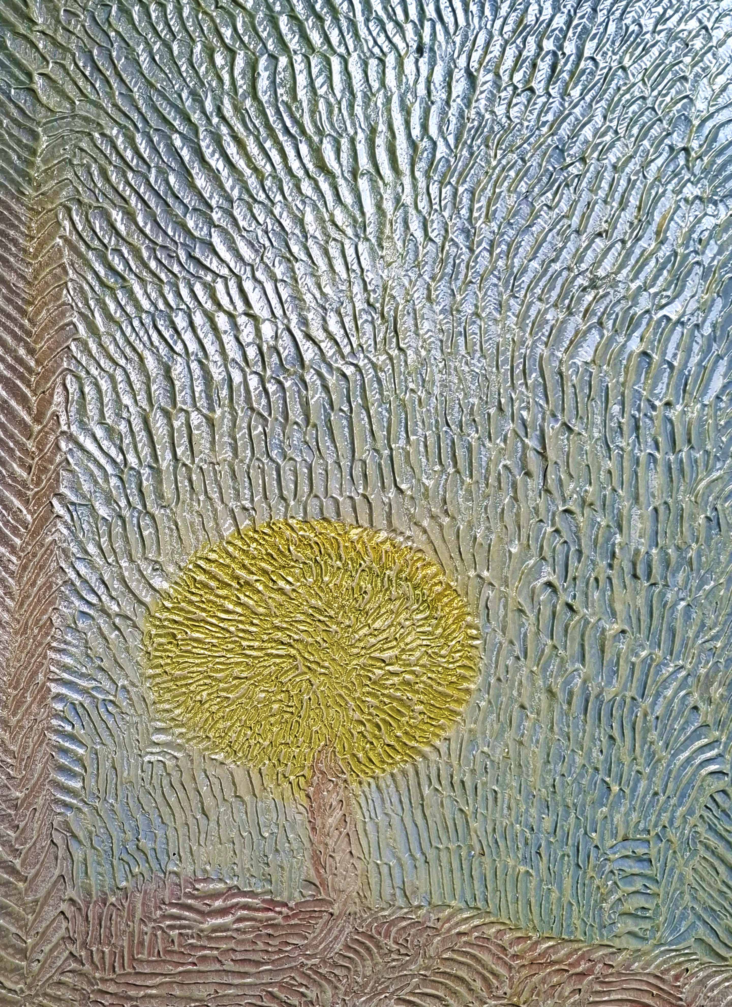 Artwork in Relief on blue and yello colors with tree and sky texture